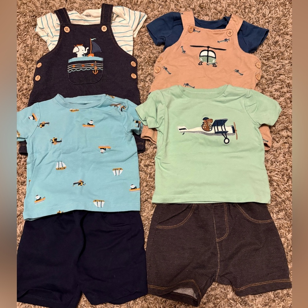Bundle of four matching sets with overalls
